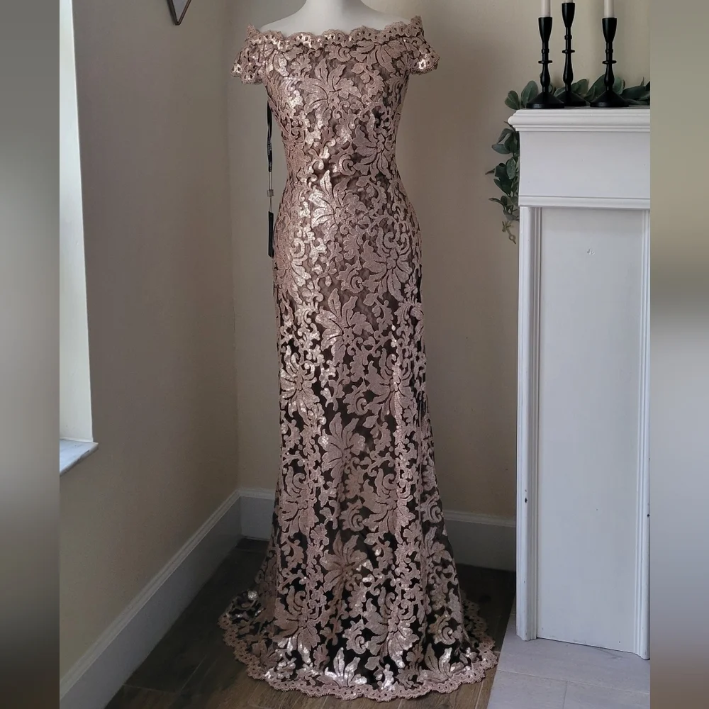 NWT Tadashi Shoji Metallic Lace Off-Shoulder Dress SZ 8 - Picture 4 of 9